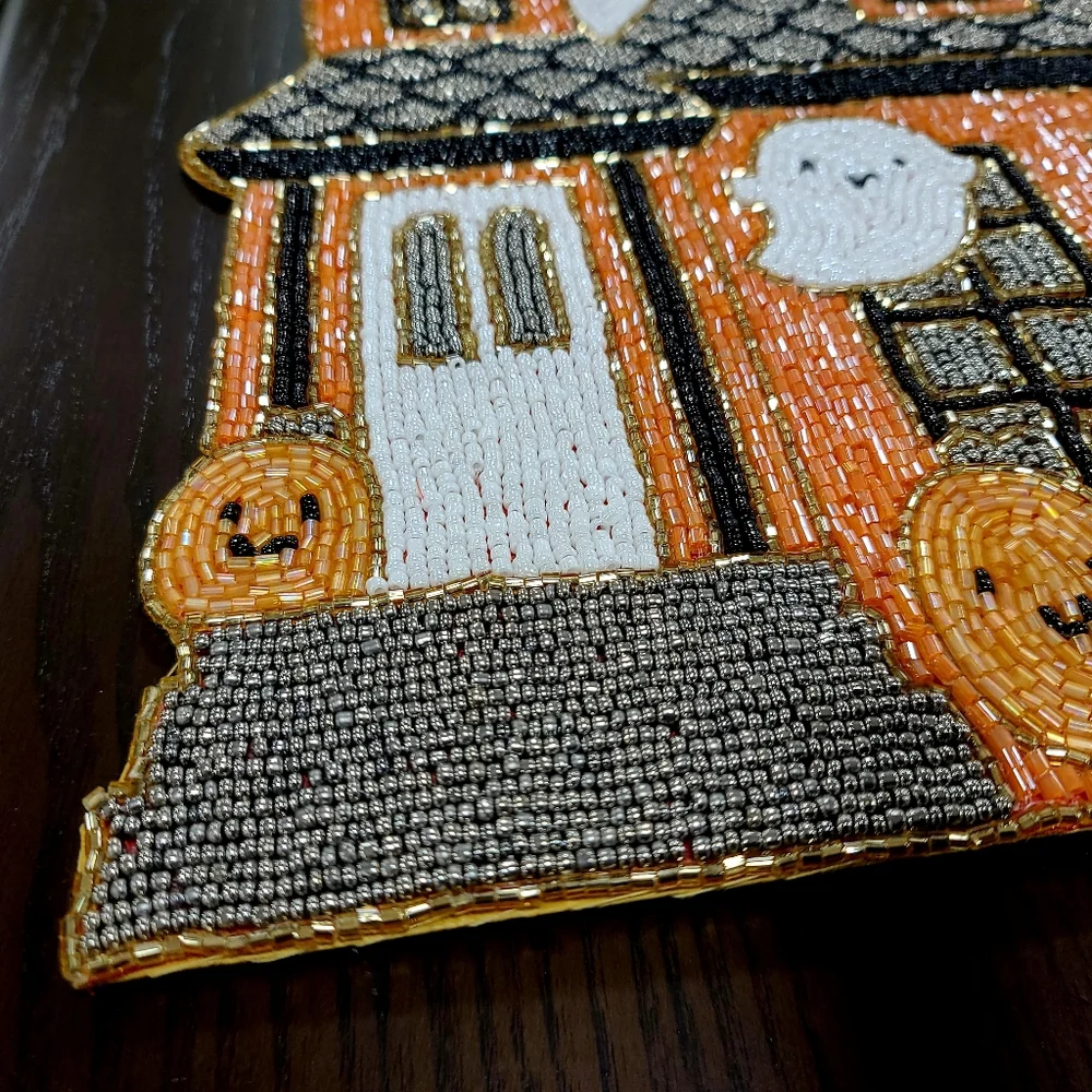 x4 Haunted House Halloween Ghost Pumpkin Shimmer Beaded Placemats CHARGERS Set